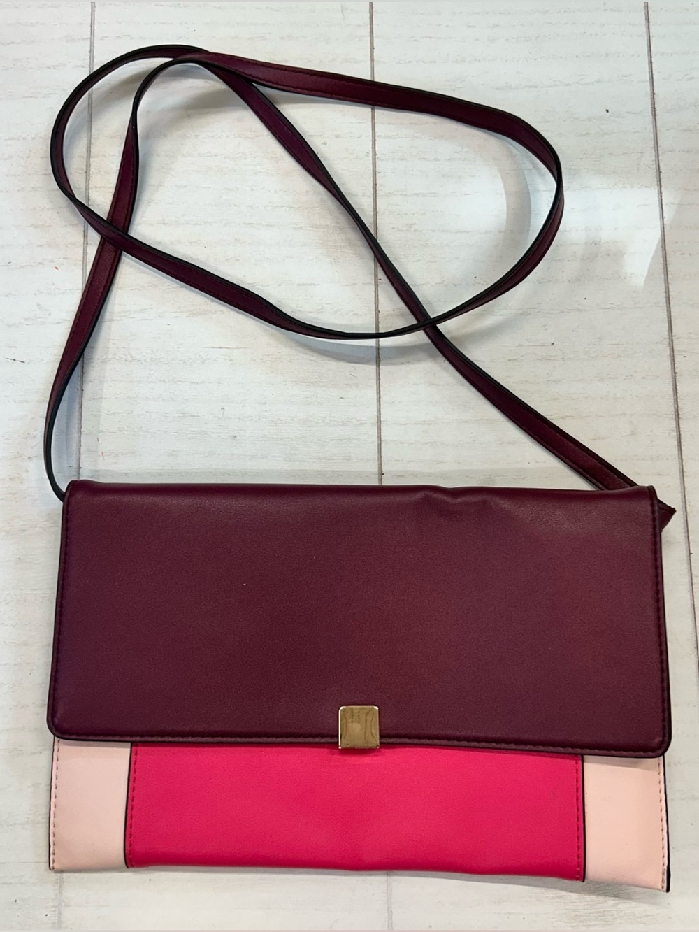 A New Day Color block Envelope Clutch W/ Snap Closure Gold Accents Pink Maroon